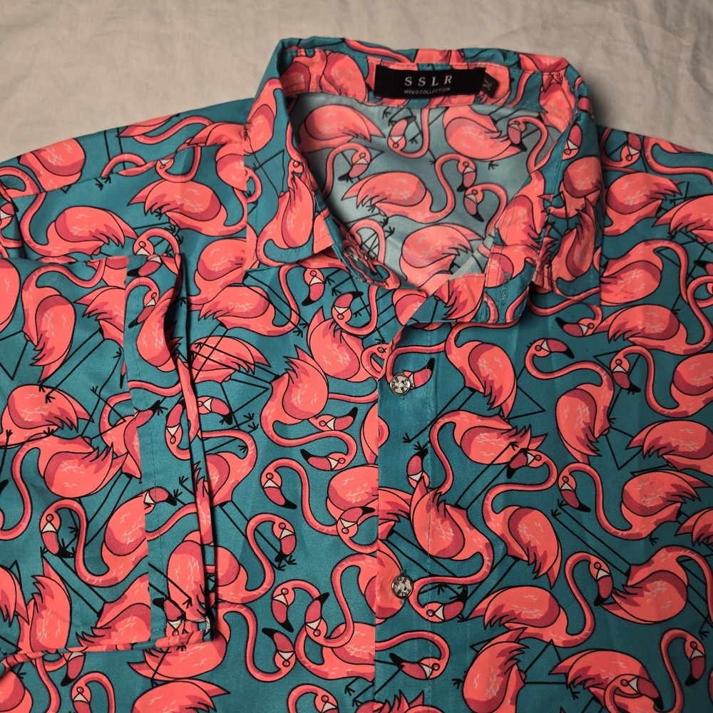SSLR  Hawaiian Shirt‎ Medium Pink Flamingos Short Sleeve Polyester Tropical Luau